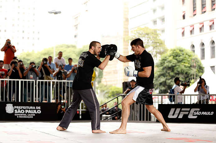 SAO PAULO, BRAZIL - JANUARY 16:  Michael Bisping participates in an open workout session for media and fans on January 16, 2013 at Parque Anhangabau in Sao Paulo, Brazil. (Photo by Josh Hedges/Zuffa LLC/Zuffa LLC via Getty Images)