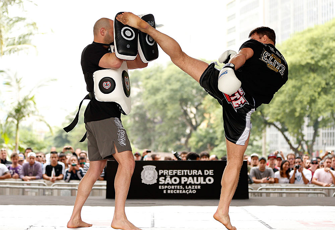 SAO PAULO, BRAZIL - JANUARY 16:  Michael Bisping participates in an open workout session for media and fans on January 16, 2013 at Parque Anhangabau in Sao Paulo, Brazil. (Photo by Josh Hedges/Zuffa LLC/Zuffa LLC via Getty Images)