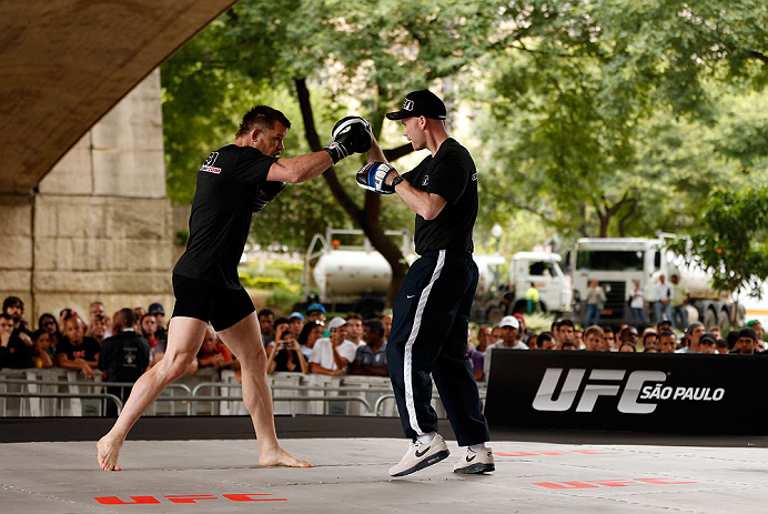 SAO PAULO, BRAZIL - JANUARY 16:  C.B. Dolloway participates in an open workout session for media and fans on January 16, 2013 at Parque Anhangabau in Sao Paulo, Brazil. (Photo by Josh Hedges/Zuffa LLC/Zuffa LLC via Getty Images)
