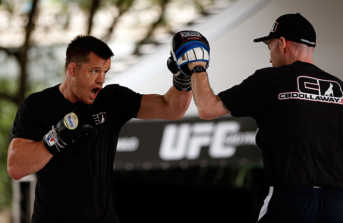 SAO PAULO, BRAZIL - JANUARY 16:  C.B. Dolloway participates in an open workout session for media and fans on January 16, 2013 at Parque Anhangabau in Sao Paulo, Brazil. (Photo by Josh Hedges/Zuffa LLC/Zuffa LLC via Getty Images)