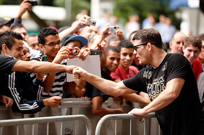 SAO PAULO, BRAZIL - JANUARY 16:  Michael Bisping greets fans during the UFC open workouts on January 16, 2013 at Parque Anhangabau in Sao Paulo, Brazil. (Photo by Josh Hedges/Zuffa LLC/Zuffa LLC via Getty Images)