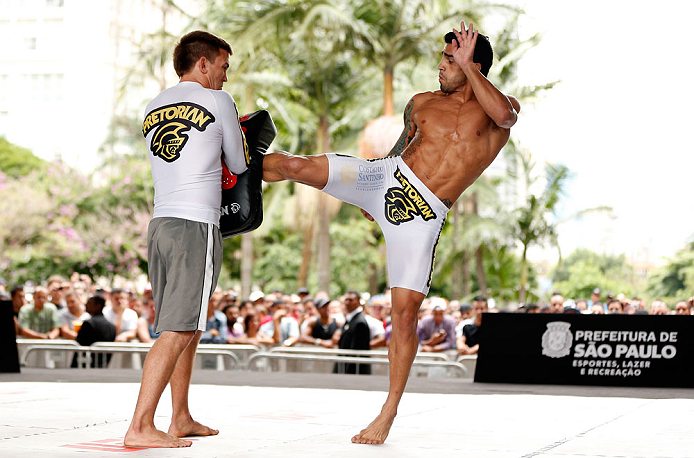 SAO PAULO, BRAZIL - JANUARY 16:  Thiago Tavares participates in an open workout session for media and fans on January 16, 2013 at Parque Anhangabau in Sao Paulo, Brazil. (Photo by Josh Hedges/Zuffa LLC/Zuffa LLC via Getty Images)
