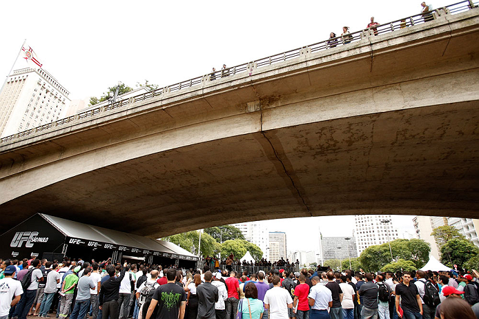 SAO PAULO, BRAZIL - JANUARY 16:  A general view of the venue as fighters participate in an open workout session for media and fans on January 16, 2013 at Parque Anhangabau in Sao Paulo, Brazil. (Photo by Josh Hedges/Zuffa LLC/Zuffa LLC via Getty Images)