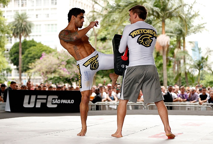 SAO PAULO, BRAZIL - JANUARY 16:  Thiago Tavares participates in an open workout session for media and fans on January 16, 2013 at Parque Anhangabau in Sao Paulo, Brazil. (Photo by Josh Hedges/Zuffa LLC/Zuffa LLC via Getty Images)