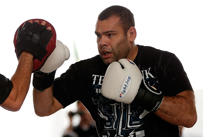 SAO PAULO, BRAZIL - JANUARY 16:  Gabriel Gonzaga participates in an open workout session for media and fans on January 16, 2013 at Parque Anhangabau in Sao Paulo, Brazil. (Photo by Josh Hedges/Zuffa LLC/Zuffa LLC via Getty Images)