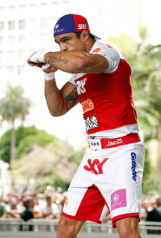 SAO PAULO, BRAZIL - JANUARY 16:  Vitor Belfort participates in an open workout session for media and fans on January 16, 2013 at Parque Anhangabau in Sao Paulo, Brazil. (Photo by Josh Hedges/Zuffa LLC/Zuffa LLC via Getty Images)