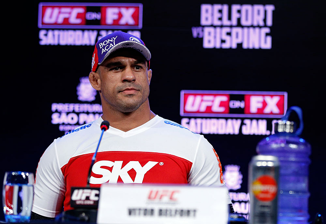 SAO PAULO, BRAZIL - JANUARY 17: Vitor Belfort interacts with media during a UFC press conference on January 17, 2013 at the Hilton Hotel in Sao Paulo, Brazil. (Photo by Josh Hedges/Zuffa LLC/Zuffa LLC via Getty Images)
