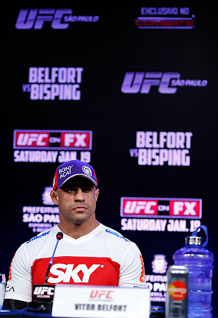 SAO PAULO, BRAZIL - JANUARY 17:  Vitor Belfort interacts with media during a UFC press conference on January 17, 2013 at the Hilton Hotel in Sao Paulo, Brazil. (Photo by Josh Hedges/Zuffa LLC/Zuffa LLC via Getty Images)