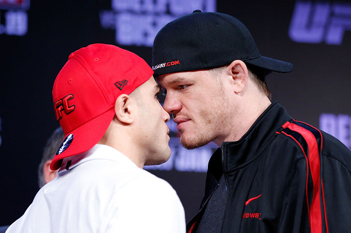 SAO PAULO, BRAZIL - JANUARY 17:  (L-R) Opponents Daniel Sarafian and C.B. Dolloway face off during a UFC press conference on January 17, 2013 at the Hilton Hotel in Sao Paulo, Brazil. (Photo by Josh Hedges/Zuffa LLC/Zuffa LLC via Getty Images)