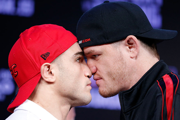 SAO PAULO, BRAZIL - JANUARY 17:  (L-R) Opponents Daniel Sarafian and C.B. Dolloway face off during a UFC press conference on January 17, 2013 at the Hilton Hotel in Sao Paulo, Brazil. (Photo by Josh Hedges/Zuffa LLC/Zuffa LLC via Getty Images)