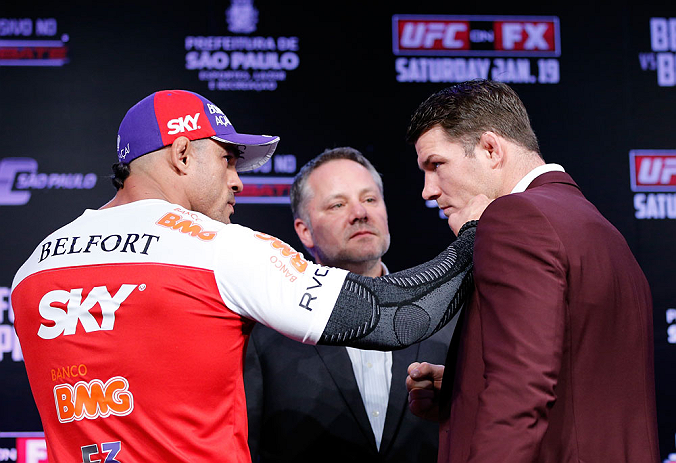 SAO PAULO, BRAZIL - JANUARY 17:  Opponents Vitor Belfort (L) and Michael Bisping (R) face off during a UFC press conference on January 17, 2013 at the Hilton Hotel in Sao Paulo, Brazil. (Photo by Josh Hedges/Zuffa LLC/Zuffa LLC via Getty Images)