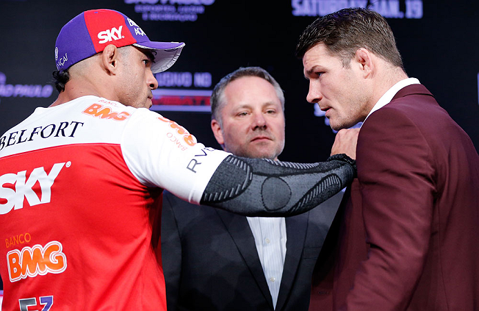 SAO PAULO, BRAZIL - JANUARY 17:  Opponents Vitor Belfort (L) and Michael Bisping (R) face off during a UFC press conference on January 17, 2013 at the Hilton Hotel in Sao Paulo, Brazil. (Photo by Josh Hedges/Zuffa LLC/Zuffa LLC via Getty Images)