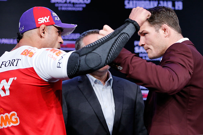 SAO PAULO, BRAZIL - JANUARY 17:  Opponents Vitor Belfort (L) and Michael Bisping (R) face off during a UFC press conference on January 17, 2013 at the Hilton Hotel in Sao Paulo, Brazil. (Photo by Josh Hedges/Zuffa LLC/Zuffa LLC via Getty Images)