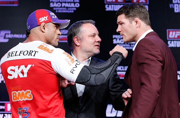 SAO PAULO, BRAZIL - JANUARY 17:  Opponents Vitor Belfort (L) and Michael Bisping (R) face off during a UFC press conference on January 17, 2013 at the Hilton Hotel in Sao Paulo, Brazil. (Photo by Josh Hedges/Zuffa LLC/Zuffa LLC via Getty Images)