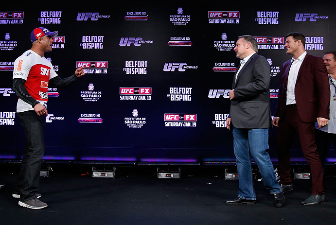 SAO PAULO, BRAZIL - JANUARY 17:  Opponents Vitor Belfort (L) and Michael Bisping (R) are separated after a heated face off during a UFC press conference on January 17, 2013 at the Hilton Hotel in Sao Paulo, Brazil. (Photo by Josh Hedges/Zuffa LLC/Zuffa LLC via Getty Images)