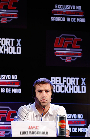 JARAGUA DO SUL, BRAZIL - MAY 16:   Luke Rockhold interacts with media during media day for the UFC on FX event on May 16, 2013 at the Sociedade Cultura Artistica in Jaragua do Sul, Santa Catarina, Brazil.  (Photo by Josh Hedges/Zuffa LLC/Zuffa LLC via Getty Images)