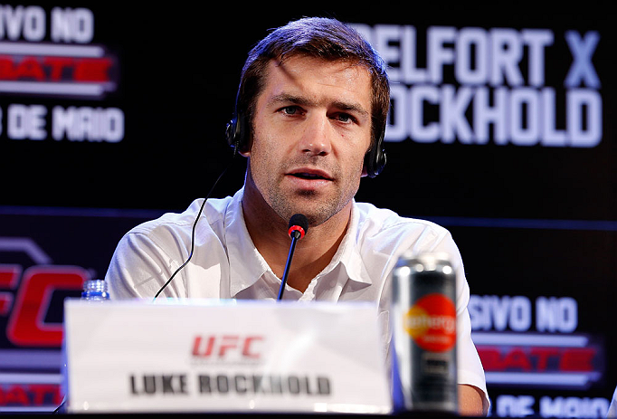 JARAGUA DO SUL, BRAZIL - MAY 16:   Luke Rockhold interacts with media during media day for the UFC on FX event on May 16, 2013 at the Sociedade Cultura Artistica in Jaragua do Sul, Santa Catarina, Brazil.  (Photo by Josh Hedges/Zuffa LLC/Zuffa LLC via Getty Images)