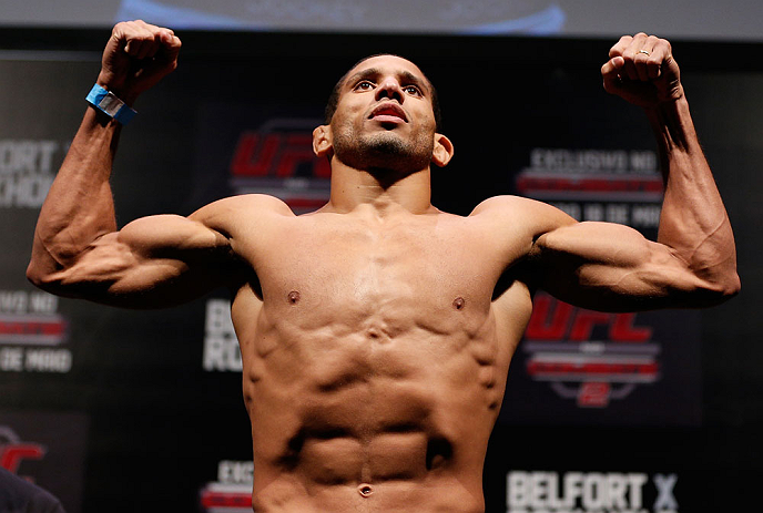 JARAGUA DO SUL, BRAZIL - MAY 17: Hacran Dias weighs in during the UFC on FX weigh-in on May 17, 2013 at the Arena Jaragua in Jaragua do Sul, Santa Catarina, Brazil. (Photo by Josh Hedges/Zuffa LLC/Zuffa LLC via Getty Images)