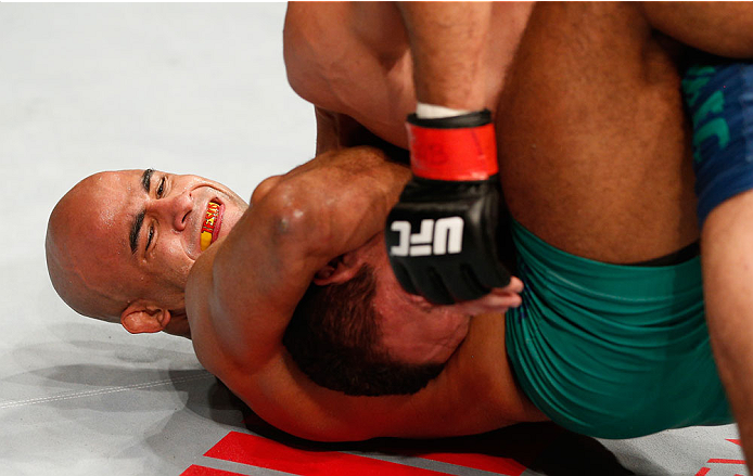 <a href='../fighter/warlley-alves'>Warlley Alves</a> attempts to submit <a href='../fighter/marcio-alexandre'>Marcio Alexandre</a> Jr. during their bout in Sao Paulo in 2014
