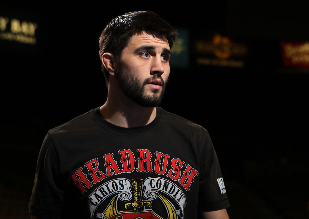 LAS VEGAS, NV - FEBRUARY 01: Carlos Condit works out for the media and fans during the UFC 143 open workouts at Mandalay Bay Events Center on February 1, 2012 in Las Vegas, United States. (Photo by Josh Hedges/Zuffa LLC/Zuffa LLC via Getty Images) *** Local Caption *** Carlos Condit