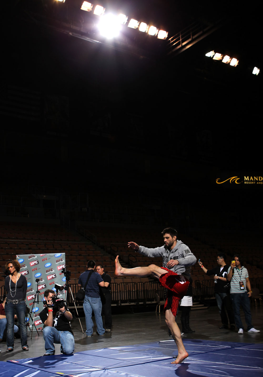 LAS VEGAS, NV - FEBRUARY 01: Carlos Condit works out for the media and fans during the UFC 143 open workouts at Mandalay Bay Events Center on February 1, 2012 in Las Vegas, United States. (Photo by Josh Hedges/Zuffa LLC/Zuffa LLC via Getty Images) *** Local Caption *** Carlos Condit