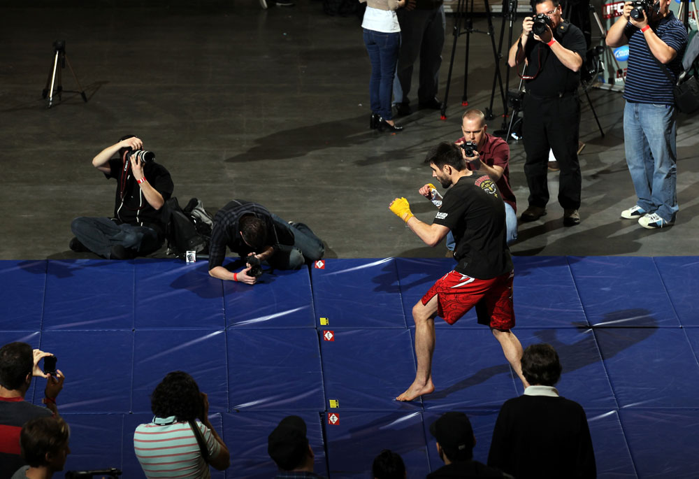 LAS VEGAS, NV - FEBRUARY 01: Carlos Condit works out for the media and fans during the UFC 143 open workouts at Mandalay Bay Events Center on February 1, 2012 in Las Vegas, United States. (Photo by Josh Hedges/Zuffa LLC/Zuffa LLC via Getty Images) *** Local Caption *** Carlos Condit