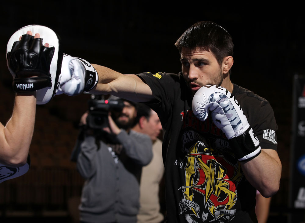 LAS VEGAS, NV - FEBRUARY 01: Carlos Condit works out for the media and fans during the UFC 143 open workouts at Mandalay Bay Events Center on February 1, 2012 in Las Vegas, United States. (Photo by Josh Hedges/Zuffa LLC/Zuffa LLC via Getty Images) *** Local Caption *** Carlos Condit