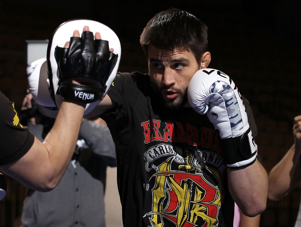 LAS VEGAS, NV - FEBRUARY 01: Carlos Condit works out for the media and fans during the UFC 143 open workouts at Mandalay Bay Events Center on February 1, 2012 in Las Vegas, United States. (Photo by Josh Hedges/Zuffa LLC/Zuffa LLC via Getty Images) *** Local Caption *** Carlos Condit