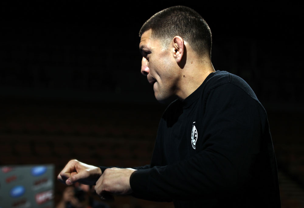LAS VEGAS, NV - FEBRUARY 01: Nick Diaz works out for the media and fans during the UFC 143 open workouts at Mandalay Bay Events Center on February 1, 2012 in Las Vegas, United States. (Photo by Josh Hedges/Zuffa LLC/Zuffa LLC via Getty Images) *** Local Caption *** Nick Diaz
