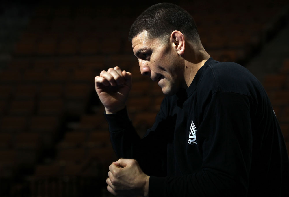 LAS VEGAS, NV - FEBRUARY 01: Nick Diaz works out for the media and fans during the UFC 143 open workouts at Mandalay Bay Events Center on February 1, 2012 in Las Vegas, United States. (Photo by Josh Hedges/Zuffa LLC/Zuffa LLC via Getty Images) *** Local Caption *** Nick Diaz