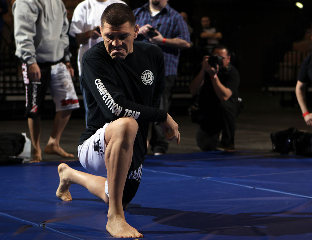 LAS VEGAS, NV - FEBRUARY 01: Nick Diaz works out for the media and fans during the UFC 143 open workouts at Mandalay Bay Events Center on February 1, 2012 in Las Vegas, United States. (Photo by Josh Hedges/Zuffa LLC/Zuffa LLC via Getty Images) *** Local Caption *** Nick Diaz