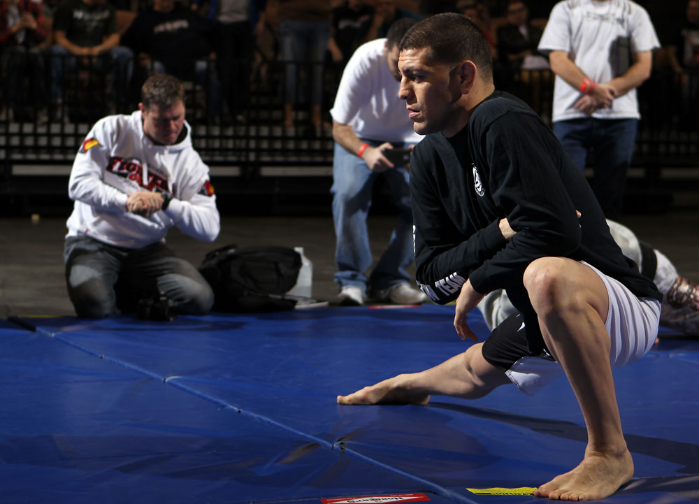LAS VEGAS, NV - FEBRUARY 01: Nick Diaz works out for the media and fans during the UFC 143 open workouts at Mandalay Bay Events Center on February 1, 2012 in Las Vegas, United States. (Photo by Josh Hedges/Zuffa LLC/Zuffa LLC via Getty Images) *** Local Caption *** Nick Diaz