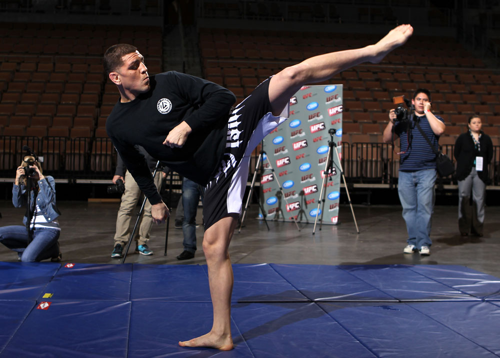 LAS VEGAS, NV - FEBRUARY 01: Nick Diaz works out for the media and fans during the UFC 143 open workouts at Mandalay Bay Events Center on February 1, 2012 in Las Vegas, United States. (Photo by Josh Hedges/Zuffa LLC/Zuffa LLC via Getty Images) *** Local Caption *** Nick Diaz