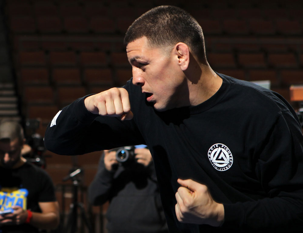 LAS VEGAS, NV - FEBRUARY 01: Nick Diaz works out for the media and fans during the UFC 143 open workouts at Mandalay Bay Events Center on February 1, 2012 in Las Vegas, United States. (Photo by Josh Hedges/Zuffa LLC/Zuffa LLC via Getty Images) *** Local Caption *** Nick Diaz