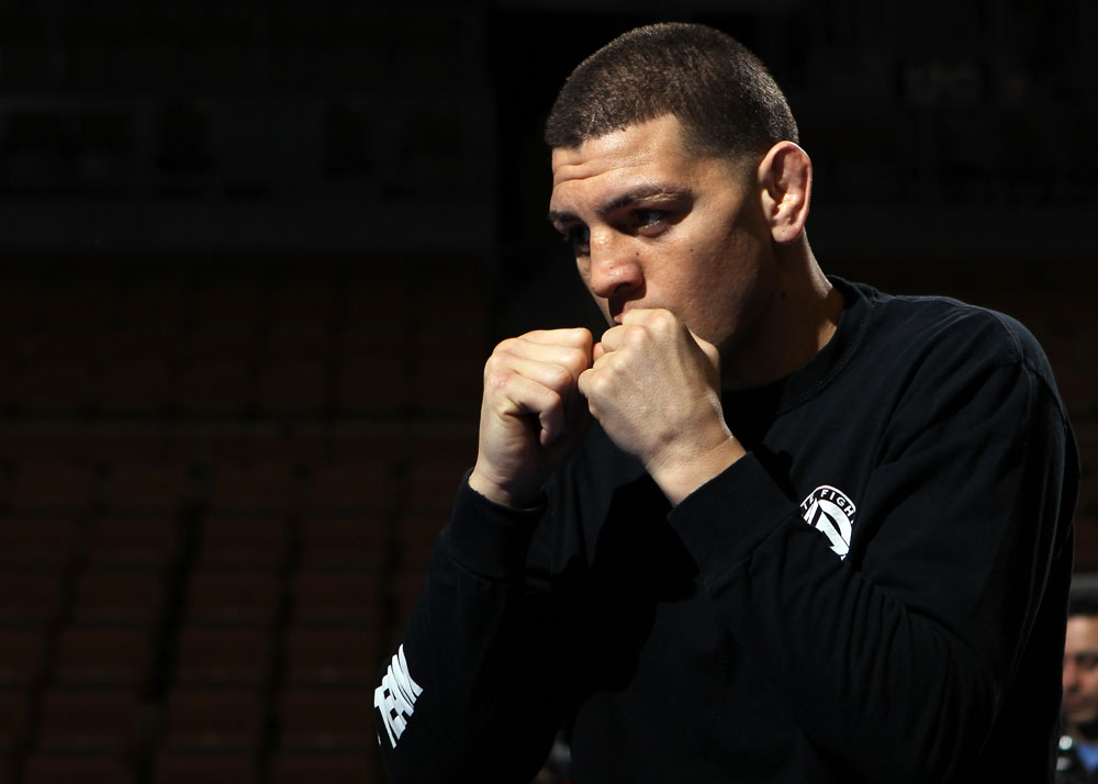 LAS VEGAS, NV - FEBRUARY 01: Nick Diaz works out for the media and fans during the UFC 143 open workouts at Mandalay Bay Events Center on February 1, 2012 in Las Vegas, United States. (Photo by Josh Hedges/Zuffa LLC/Zuffa LLC via Getty Images) *** Local Caption *** Nick Diaz