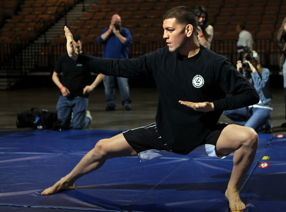 LAS VEGAS, NV - FEBRUARY 01: Nick Diaz works out for the media and fans during the UFC 143 open workouts at Mandalay Bay Events Center on February 1, 2012 in Las Vegas, United States. (Photo by Josh Hedges/Zuffa LLC/Zuffa LLC via Getty Images) *** Local Caption *** Nick Diaz