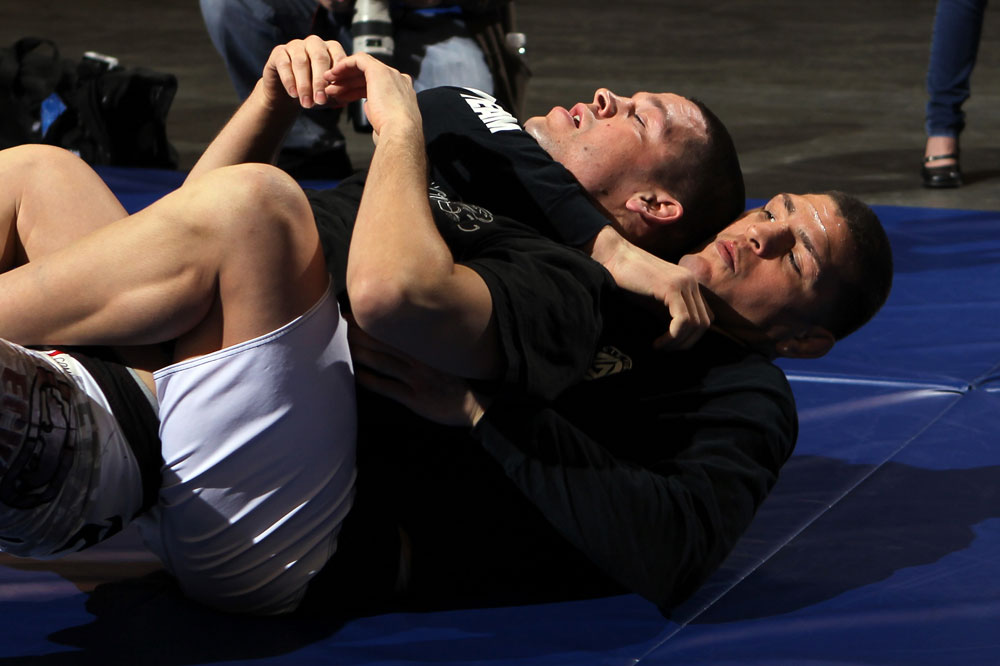 LAS VEGAS, NV - FEBRUARY 01: Nick Diaz works out for the media and fans during the UFC 143 open workouts at Mandalay Bay Events Center on February 1, 2012 in Las Vegas, United States. (Photo by Josh Hedges/Zuffa LLC/Zuffa LLC via Getty Images) *** Local Caption *** Nick Diaz