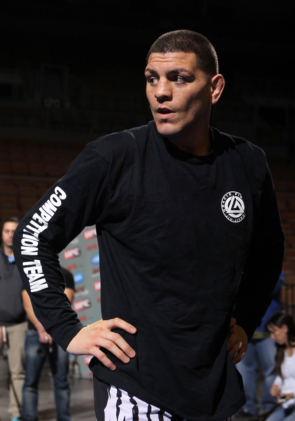 LAS VEGAS, NV - FEBRUARY 01: Nick Diaz works out for the media and fans during the UFC 143 open workouts at Mandalay Bay Events Center on February 1, 2012 in Las Vegas, United States. (Photo by Josh Hedges/Zuffa LLC/Zuffa LLC via Getty Images) *** Local Caption *** Nick Diaz