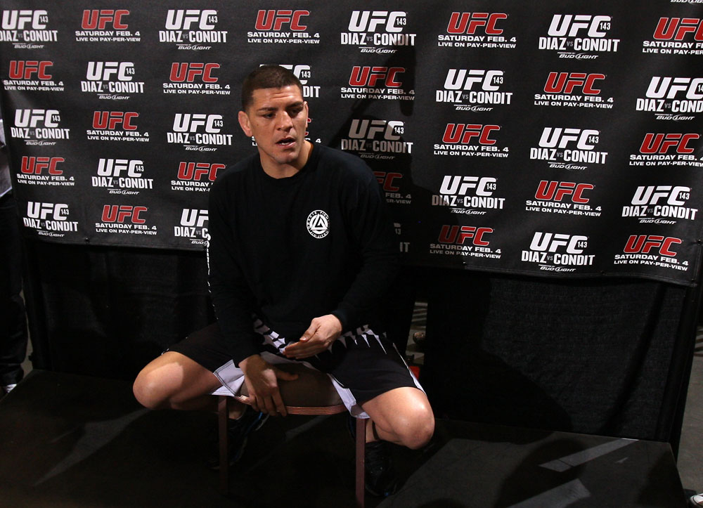 LAS VEGAS, NV - FEBRUARY 01: Nick Diaz answers questions from the media during the UFC 143 open workouts at Mandalay Bay Events Center on February 1, 2012 in Las Vegas, United States. (Photo by Josh Hedges/Zuffa LLC/Zuffa LLC via Getty Images) *** Local Caption *** Nick Diaz