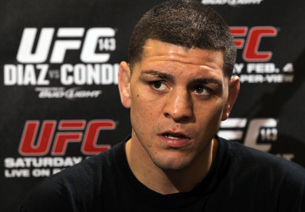 LAS VEGAS, NV - FEBRUARY 01: Nick Diaz answers questions from the media during the UFC 143 open workouts at Mandalay Bay Events Center on February 1, 2012 in Las Vegas, United States. (Photo by Josh Hedges/Zuffa LLC/Zuffa LLC via Getty Images) *** Local Caption *** Nick Diaz