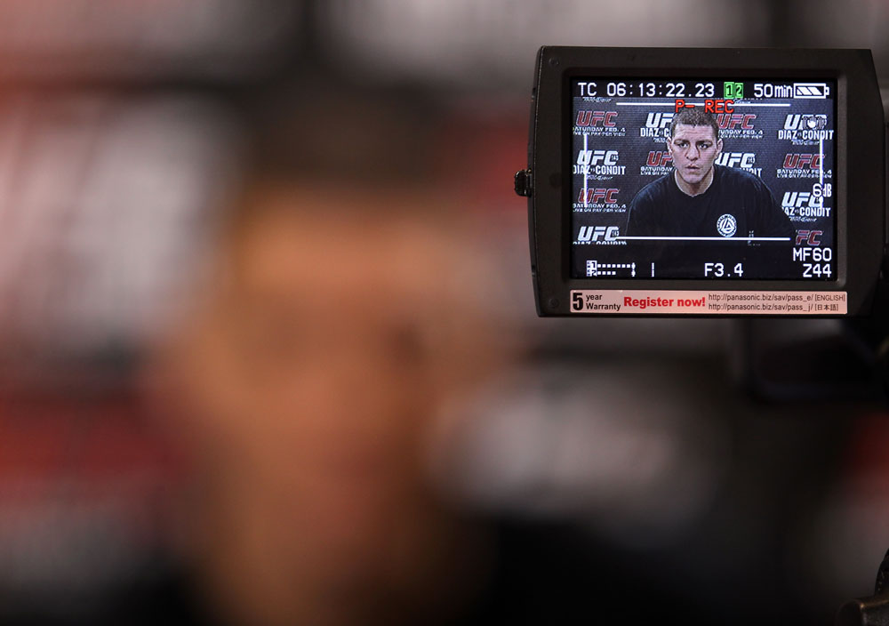 LAS VEGAS, NV - FEBRUARY 01: Nick Diaz answers questions from the media during the UFC 143 open workouts at Mandalay Bay Events Center on February 1, 2012 in Las Vegas, United States. (Photo by Josh Hedges/Zuffa LLC/Zuffa LLC via Getty Images) *** Local Caption *** Nick Diaz