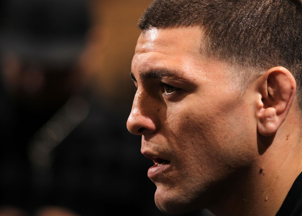 LAS VEGAS, NV - FEBRUARY 01: Nick Diaz answers questions from the media during the UFC 143 open workouts at Mandalay Bay Events Center on February 1, 2012 in Las Vegas, United States. (Photo by Josh Hedges/Zuffa LLC/Zuffa LLC via Getty Images) *** Local Caption *** Nick Diaz