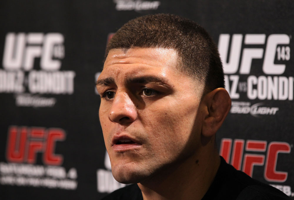 LAS VEGAS, NV - FEBRUARY 01: Nick Diaz answers questions from the media during the UFC 143 open workouts at Mandalay Bay Events Center on February 1, 2012 in Las Vegas, United States. (Photo by Josh Hedges/Zuffa LLC/Zuffa LLC via Getty Images) *** Local Caption *** Nick Diaz