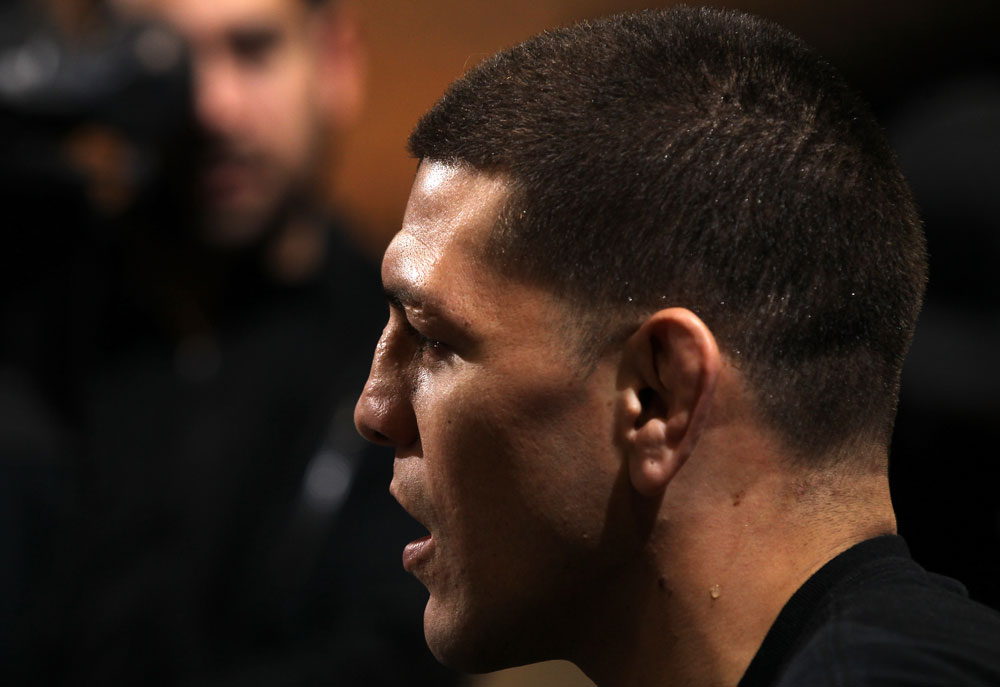 LAS VEGAS, NV - FEBRUARY 01: Nick Diaz answers questions from the media during the UFC 143 open workouts at Mandalay Bay Events Center on February 1, 2012 in Las Vegas, United States. (Photo by Josh Hedges/Zuffa LLC/Zuffa LLC via Getty Images) *** Local Caption *** Nick Diaz