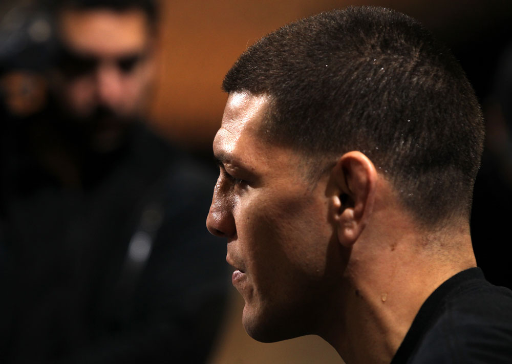 LAS VEGAS, NV - FEBRUARY 01: Nick Diaz answers questions from the media during the UFC 143 open workouts at Mandalay Bay Events Center on February 1, 2012 in Las Vegas, United States. (Photo by Josh Hedges/Zuffa LLC/Zuffa LLC via Getty Images) *** Local Caption *** Nick Diaz