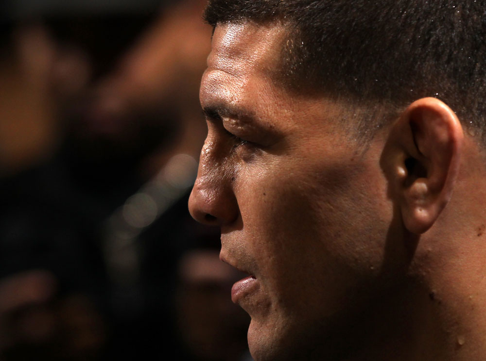 LAS VEGAS, NV - FEBRUARY 01: Nick Diaz answers questions from the media during the UFC 143 open workouts at Mandalay Bay Events Center on February 1, 2012 in Las Vegas, United States. (Photo by Josh Hedges/Zuffa LLC/Zuffa LLC via Getty Images) *** Local Caption *** Nick Diaz