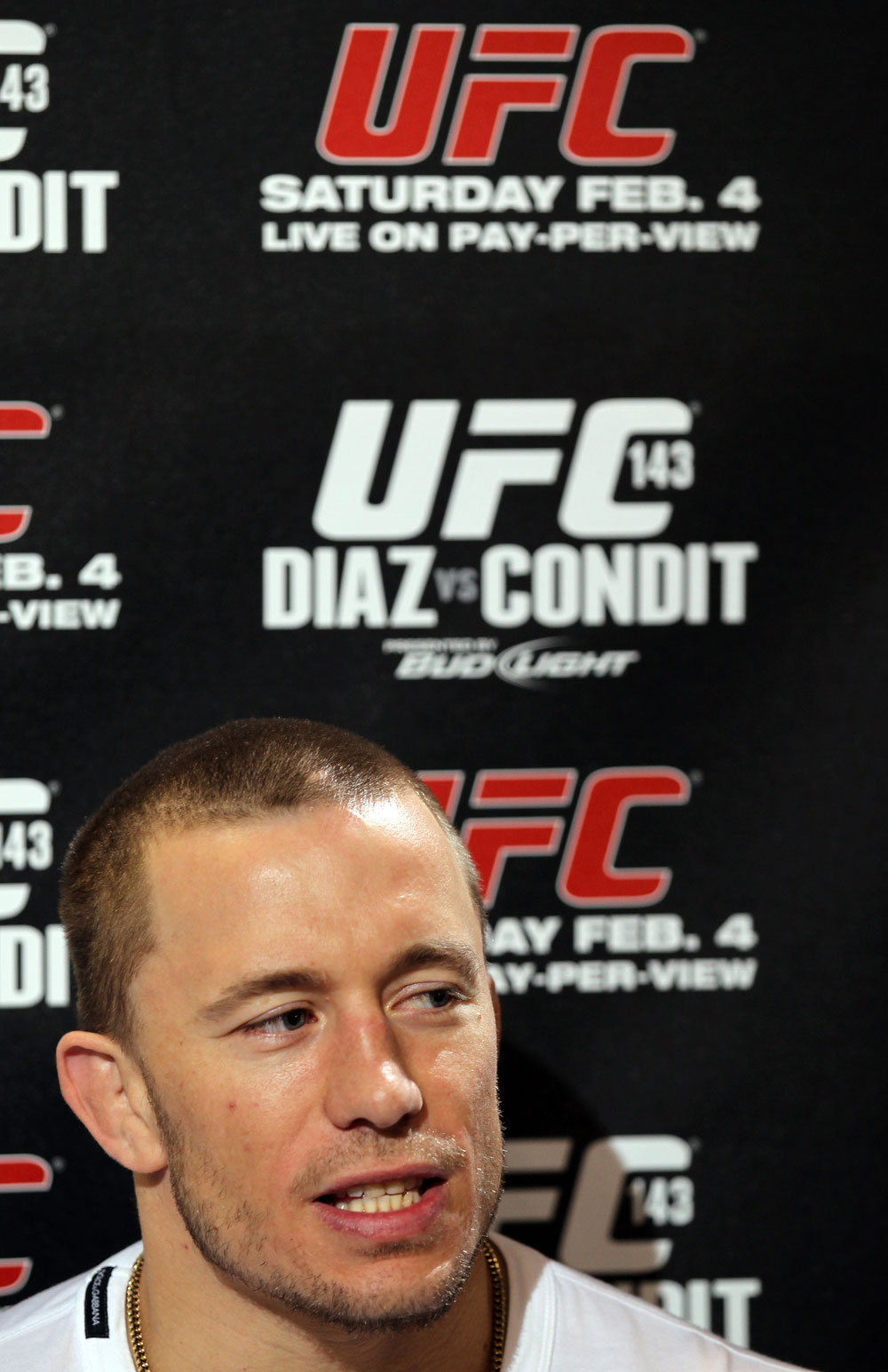 LAS VEGAS, NV - FEBRUARY 01: Georges St-Pierre answers questions from the media before the UFC 143 open workouts at Mandalay Bay Events Center on February 1, 2012 in Las Vegas, United States. (Photo by Josh Hedges/Zuffa LLC/Zuffa LLC via Getty Images) *** Local Caption *** Georges St-Pierre