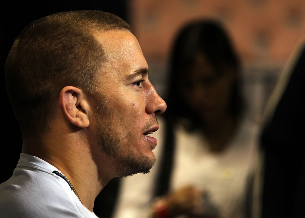 LAS VEGAS, NV - FEBRUARY 01: Georges St-Pierre answers questions from the media before the UFC 143 open workouts at Mandalay Bay Events Center on February 1, 2012 in Las Vegas, United States. (Photo by Josh Hedges/Zuffa LLC/Zuffa LLC via Getty Images) *** Local Caption *** Georges St-Pierre
