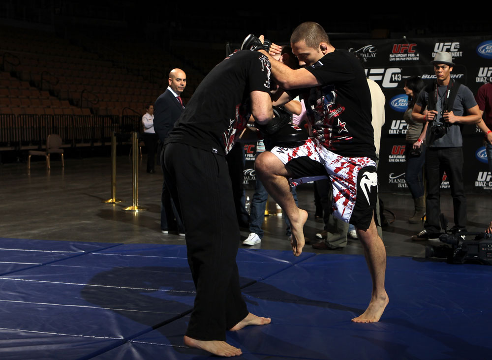 LAS VEGAS, NV - FEBRUARY 01: Mike Pierce works out for the media and fans during the UFC 143 open workouts at Mandalay Bay Events Center on February 1, 2012 in Las Vegas, United States. (Photo by Josh Hedges/Zuffa LLC/Zuffa LLC via Getty Images) *** Local Caption *** Mike Pierce