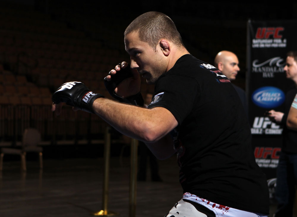 LAS VEGAS, NV - FEBRUARY 01: Mike Pierce works out for the media and fans during the UFC 143 open workouts at Mandalay Bay Events Center on February 1, 2012 in Las Vegas, United States. (Photo by Josh Hedges/Zuffa LLC/Zuffa LLC via Getty Images) *** Local Caption *** Mike Pierce